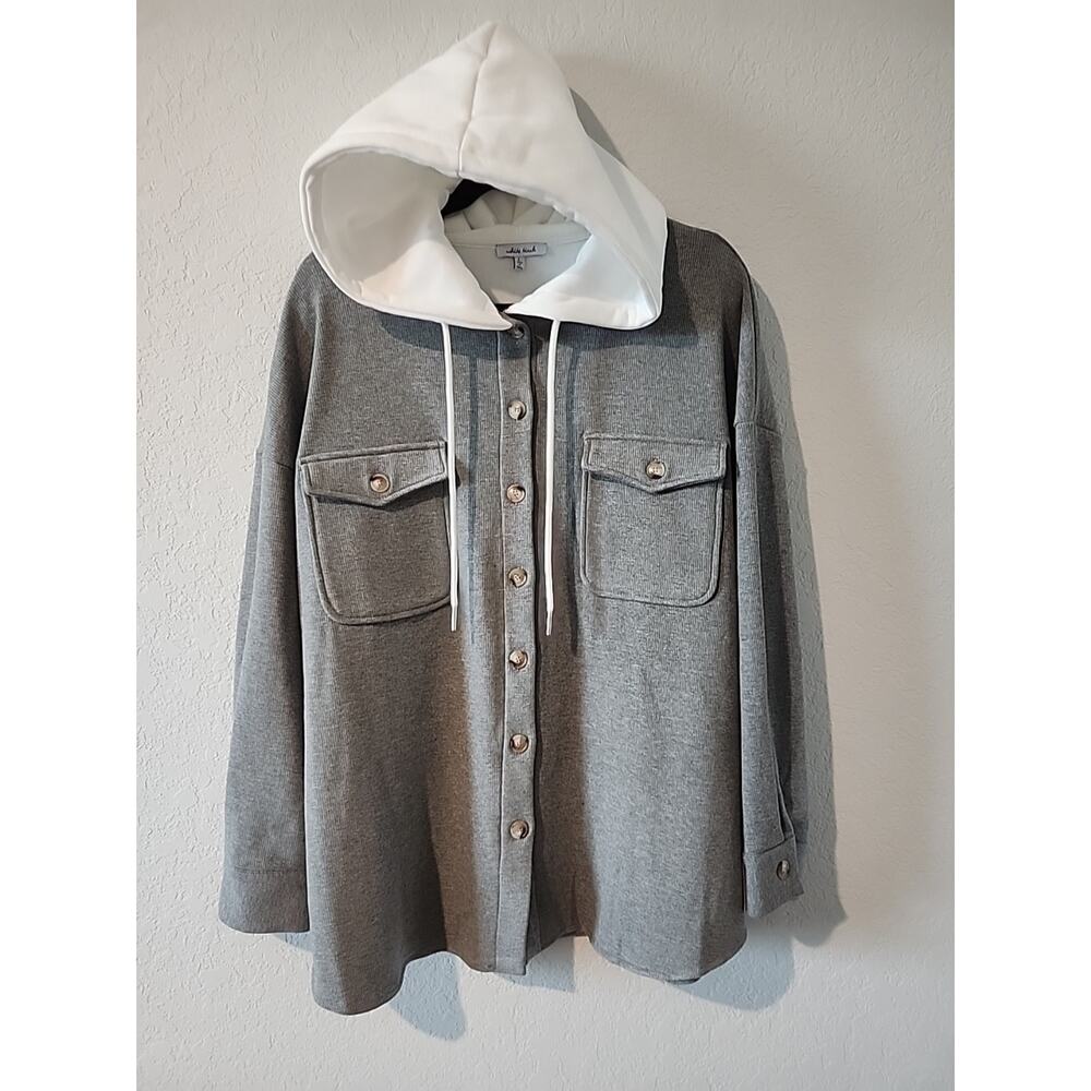 White Birch Women’s Hoodie Button-Up Shirt Jacket L Gray & White Long Sleeve